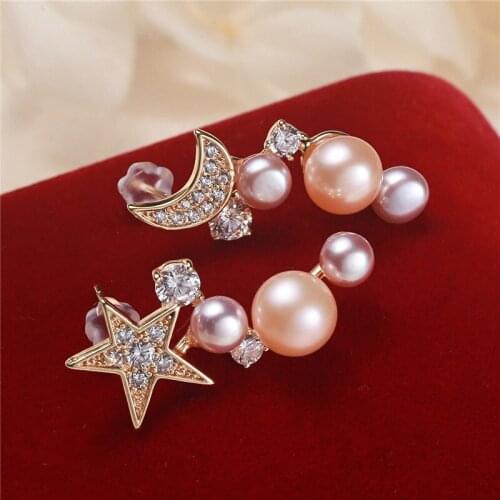 Moon Star Shape Real Freshwater 4-8MM Pearl Earrings Gold Plated Drop Earrings Nice Party Wedding Women Gift 10 pairs/lot