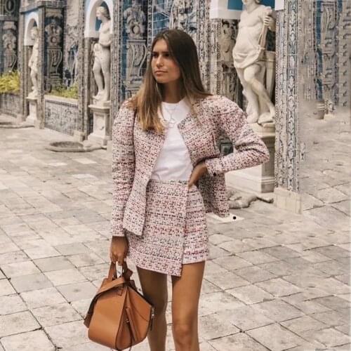 Foridol Tweed Thick Winter Two Pieces Sets Women Elegant Office Ladies Pink Vintage Coat Skirt Suits Plaid New Women Clothing