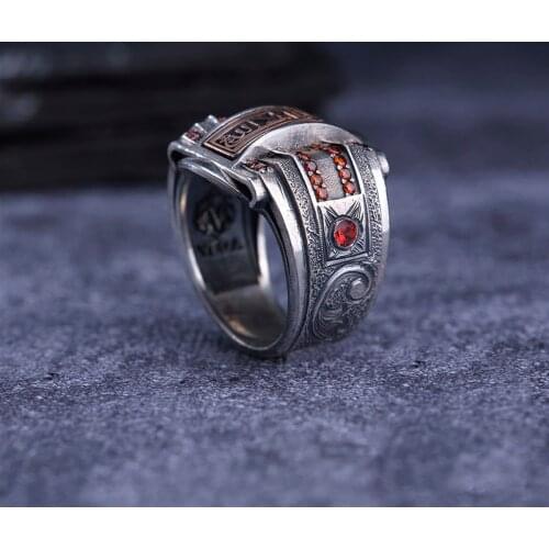 Red Zircon 925 Sterling Silver Arabic Engraved Traditional Handmade Turkish Signet Ring Jewelry Gift for Women Men