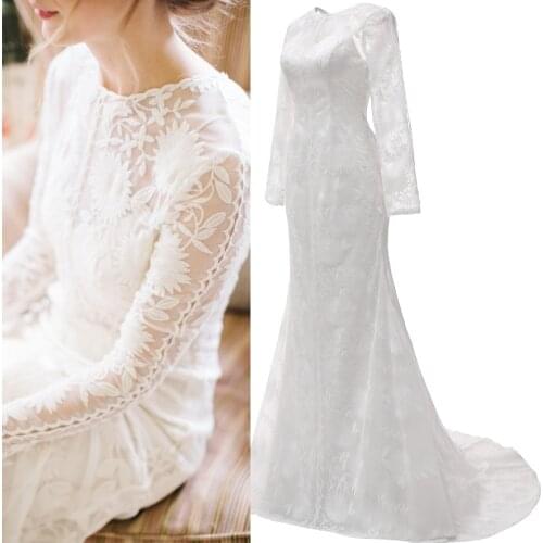 Floor Length Lace Appliques Sweep Train Long Sleeve V-Neck Wedding Dress Backless Backless Bridal Gowns Stunning High Quality