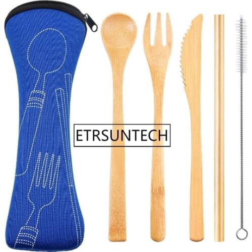 50sets Reusable Bamboo Straw Spoon Fork Knife With Clean Brush & Cloth Bag Wedding Party Drinking Straw Set