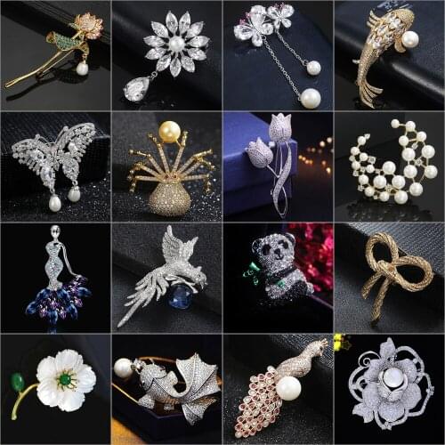 Delicate Pearl Brooch Women Wedding Jewelry Luxury Cubic Zircon Animal Goldfish Insect Butterfly Corsage Dress Broche Pin Gifts