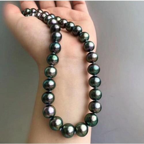 HUGE AAA 10-11MM ROUND SOUTH SEA GENUINE BLACK GREEN PEARL NECKLACE 18" 925silver GOLD