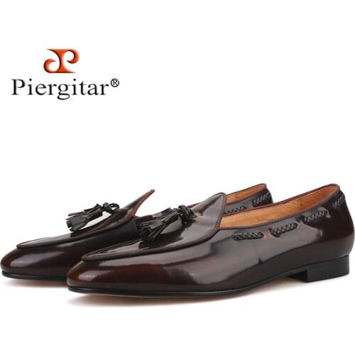 Piergitar 2019 dark brown hand-polished calfskin BELGIAN LOAFERS with matching tassels ITALY designs handcrafted mens loafers