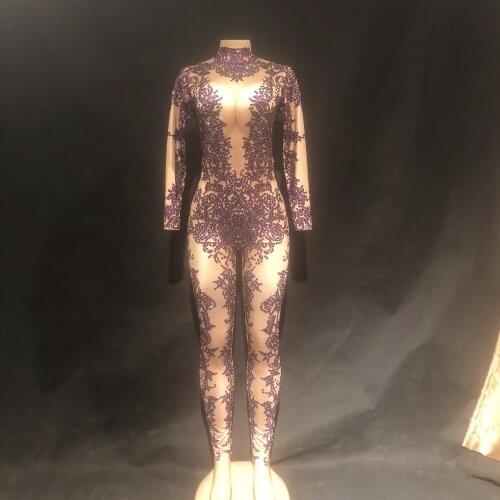 Sexy Stage Purple Crystals Bodysuit Female Singer Stage Costume Party Celebrate Glisten Rhinestones Stretch Leotard Stage Wear