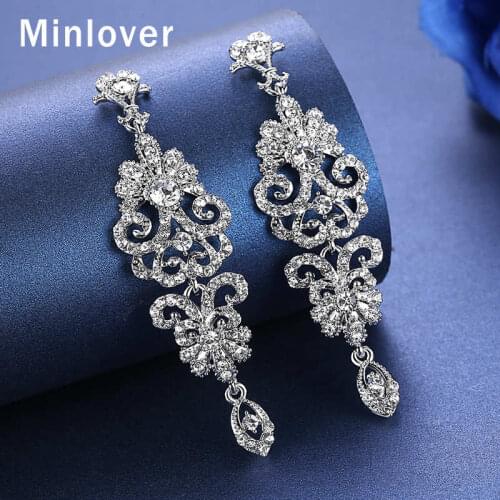 Minlover Silver Color Crystal Clip On Earrings Women Accessories Chandelier Bridesmaid Hanging Earrings Wedding Jewelry MEH948