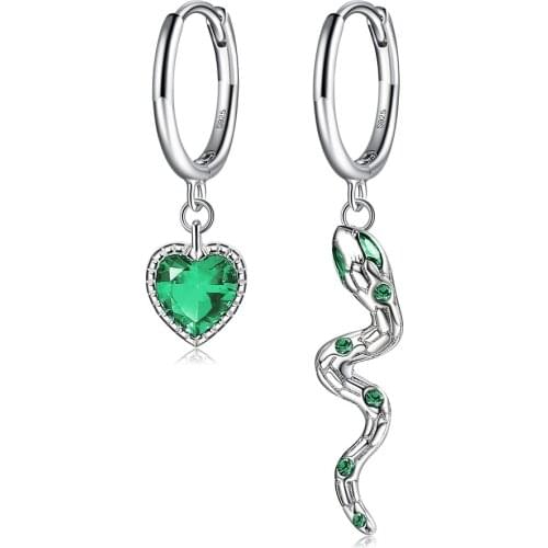 ZEMIOR Asymmetry Series Drop Earring For Women S925 Sterling Silver Heart And Snake Shape Earrings Green Zircon Inlay Jewelry