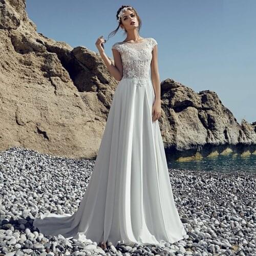 Chiffon Beach Wedding Dresses 2021 Scoop Neck Cap Sleeve Lace Appliques Button Sweep Train A-Line White Bridal Gown Civil
