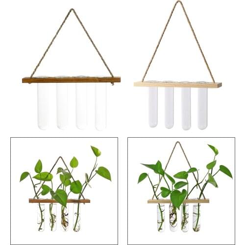 Glass Hanging Planter Terrarium Plants Wood Hanger Test Tube Vase Natural