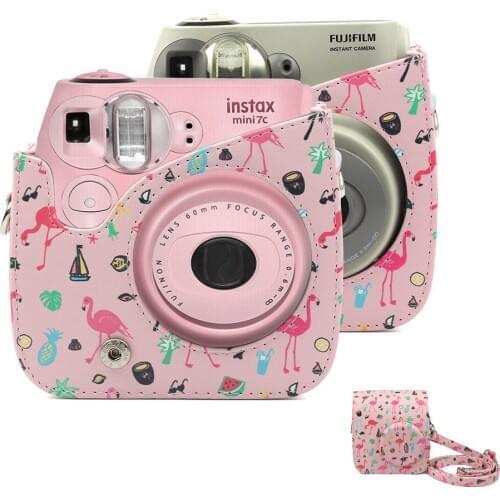 Fujifilm Instax Mini 7S 7C Camera Bag Flamingo PU Leather Instant Camera Shoulder Strap Bag Compact Protector Cover Pouch Case