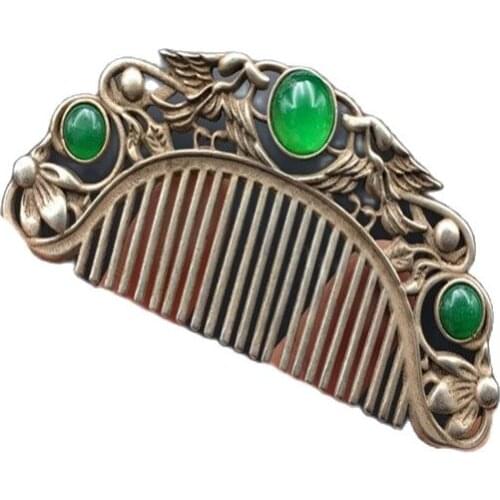 Retro national style Miao Silver Tibetan silver jewelry womens carved comb Silver Comb inlaid with jade