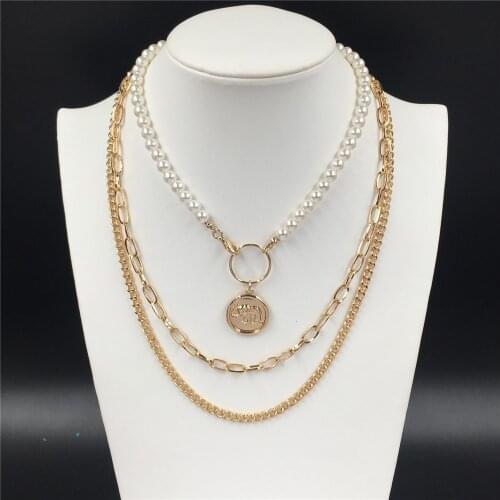 Gorgeous Women Necklace Gold Color Coin Center with Pearl Chain Layered Nacklace For Women Evening Party Wearing Jewelry Gift