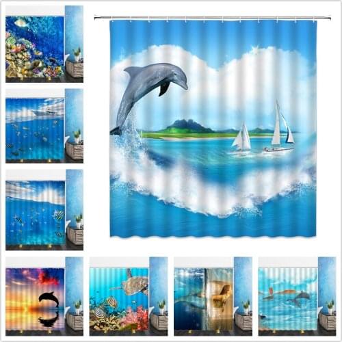 Tropical Fish Shower Curtains Ocean Animal Dolphin Tortoise Mermaid 3D Bathroom Home Decor Waterproof Polyester Cloth Curtain