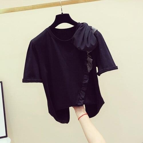 Summer New Korean Temperament Ruffles Bow Tie Round Collar Short-sleeved Black T-shirt Womens Casual Shirt Nancyim Tee Tops
