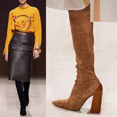 Plain Black Suede Knee High Long Boots Women Slip On Thick Heel Autumn Shoes Pointed Toe Chunky Heels Botas Mujer