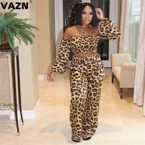 VAZN 2020 Top Quality Sexy Club Young Sweet Hollow Out Leopard Chiffon Strapless Full Sleeve Group Long Pants Women 2 Piece Set