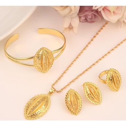 Ethiopian Big Pendant Clip Earringsring bangle women Jewelry sets Gold African Wedding bridal Gift Habesha Flower girls charm