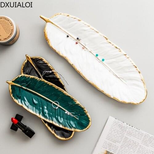 Gold ceramic plate jewelry plate fashionable feather design porcelain accessories dingsong fruit plate kitchen food dishes gift