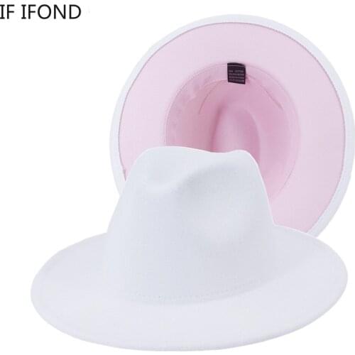 2021 New British Style White Pink Patchwork Wool Jazz Fedora Hats Men Women Gentleman Wedding Hat Outdoor Casual Caps