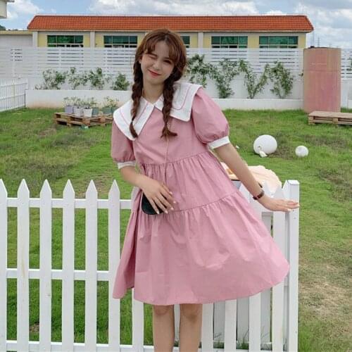Academic Sailor Collar White Girls Dress Collar Removable Puff Sleeve Midi Dress Female Summer victorian Sweet lolita dress