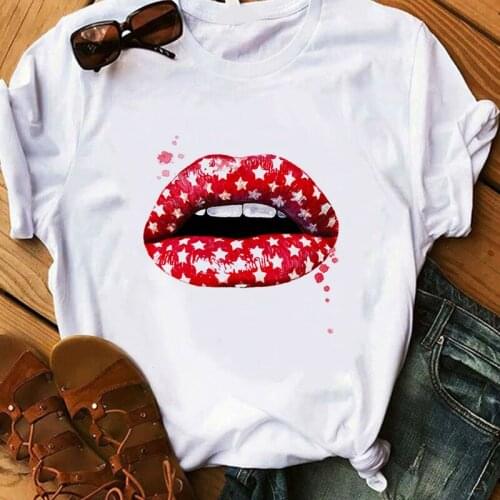 Harajuku Casual Sexy Lip T-shirt Gift for Girlfriend Red Lipstick T Shirt Women Perfumer Floral TShirts Girl Summer Shirt Lady