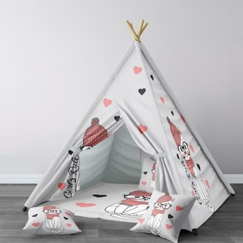 Play Tent for Kids Wigwam Portable Indoor Playground Tents Children Bedrooms Gray Cute Cat Model 149
