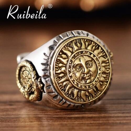 Ruibeila Golden Sun God Indian totem male ring sterling silver 925ouverture size adjustable personality retro female ring