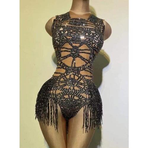 Black Crystal Fringe Jumpsuit For Women Sleeveless One-Piece Gogo Dance Wear Drag Queen Performance Stage Costume Rave VDB3525