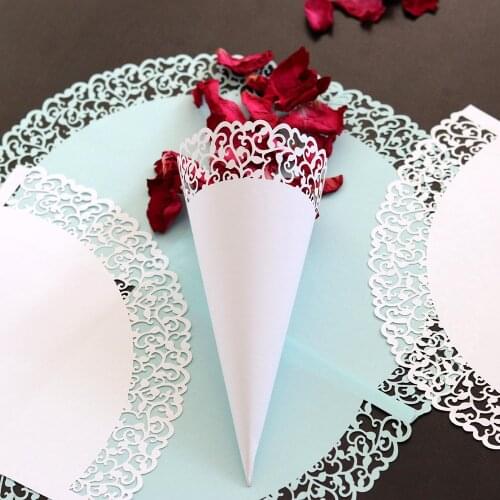 50Pcs Lace Flowers Paper Petal Cones Candy Holder White Blue Wedding Confetti Paper Cup DIY Cups Party Decorative Accessories