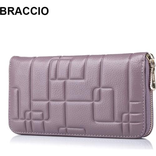Fashion Womens Long Purse Genuine Leather First Layer of Cowhide Embossing Zipper Wallet Ladies' Clutch Bag Female Cards Holder