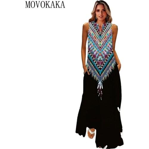 MOVOKAKA Black Stripe Printed Beach Dress 2021 Robe Casual Plus Size Long Dresses Summer Woman Sleeveless Girls Maxi Dress Women