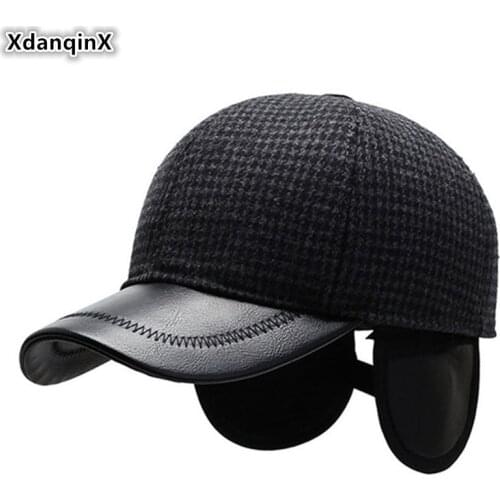 XdanqinX Winter New Mens Baseball Cap Thick Warm Earmuff Hat Adjustable Size Men Fashion Brand Caps Dads Cold-proof Woolen Cap