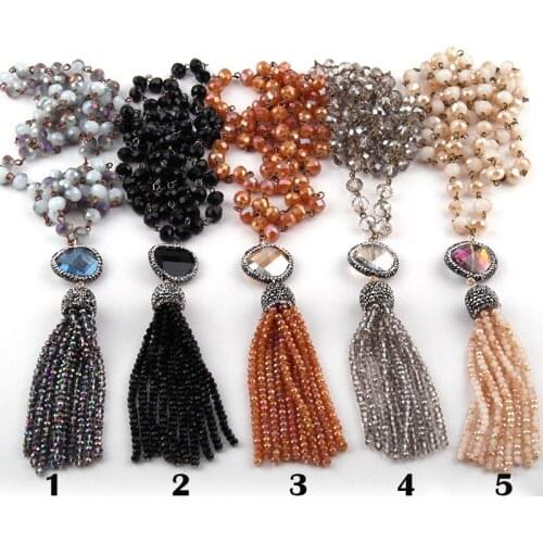 Wholesale Fashion Bohemian Jewelry 5*8 Crystal Rosary Chain Link Crystal Tassel Necklace For Women Ethnic Necklace