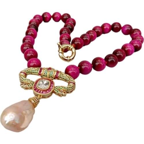 YYGEM Cubic Zirconia Pave Pink Keshi Pearl Pendant 18" Natural 12mm Smooth Round Fuchsia Tiger Eye Necklace