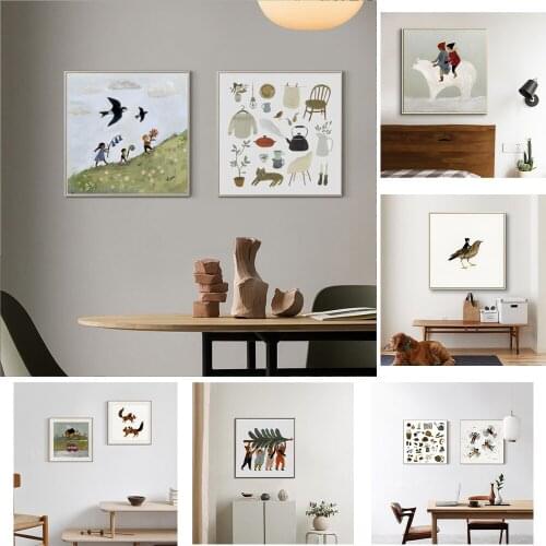 Simple Nordic cartoon watercolor childrens family Bird Art Poster living room decoration picture core printing