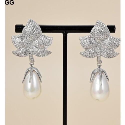 GuaiGuai Jewelry White Teardrop Sea Shell Pearl Cz Pave Leave Stud Earrings