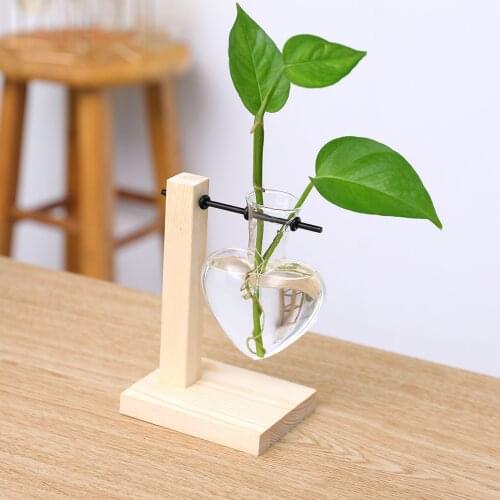 Wooden Frame Clear Glass Vase Heart Shape Hydroponic Plant Vase Flower Pot