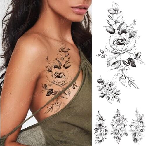 Waterproof Temporary Tattoo Sticker Peony Flower Plum Blossom Flash Tattoos Female Black Minimalist Line Body Art Fake Tatto