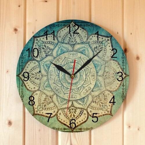 Faded Indian Mandala Floral Wall Clock Vintage Bohemian Mandala Silent Wall Clock Battery Operated 12 Inch Non Ticking Gift