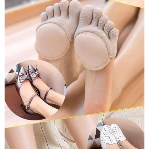 Women Cotton No-show Half Palm Five-fingers Socks Summer Invisible High Heeled Anti-slip Open Toe Sock Thick Sole Padded Sox