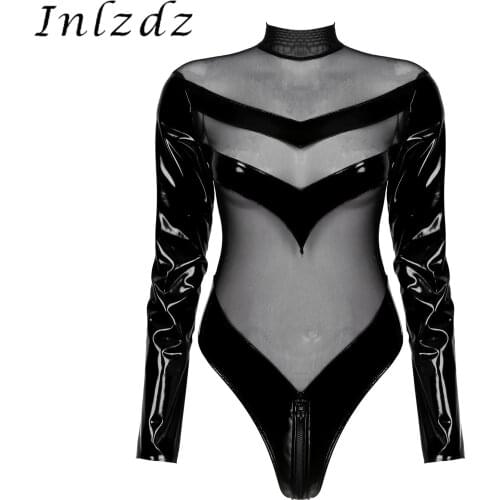 Womens Lingerie Patent Leather Bodysuit See-through Mesh Patchwork Clubwear Long Sleeve Zipper Back Mock Neck Catsuit Leotard