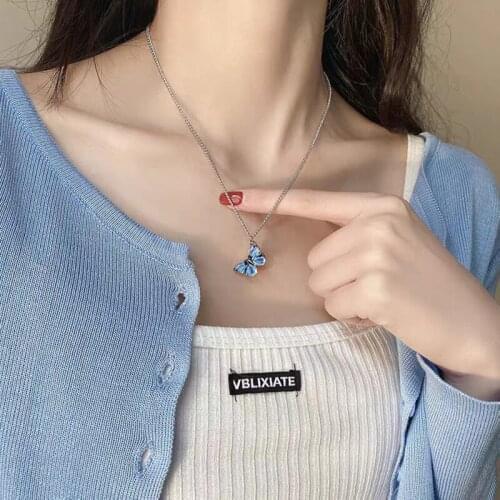 SOHOT Korean Design Cute Colorful Butterfly Women Pendant Necklace Chic Transparent Round Bead Choker Clavicle For Female Gift
