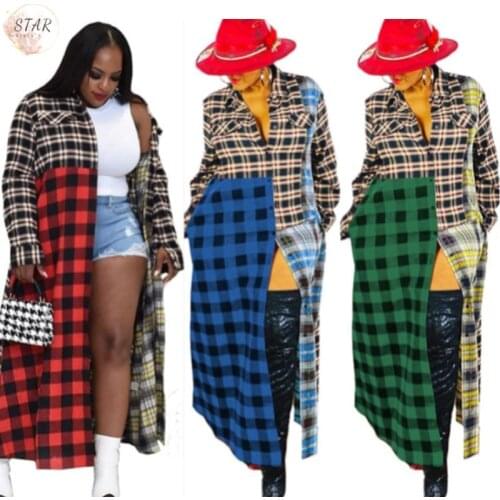 Shirt Dresses for Women 2021 Casual Button Plaid Patchwork Long Sleeve Streetwear Club Outfits Maxi Dress Wholesale Dropshipping