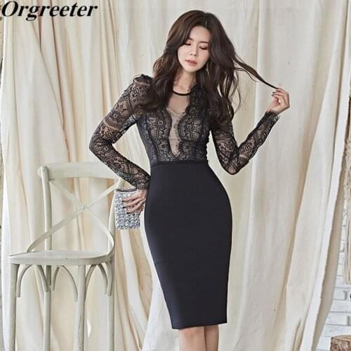Sexy See Through Lace Patchwork Pencil Dress Women 2021 Spring Fall New Sheath Bodycon Dress Knee-length Tunic Vestidos