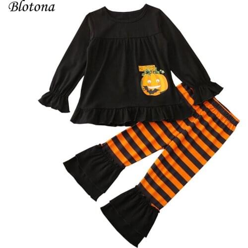 Blotona 2Pcs Baby Girls Halloween Outfits, Pumpkin&Letter Print Long Sleeve Round Neck Ruffle Pullover Tops+Striped Flared Pants