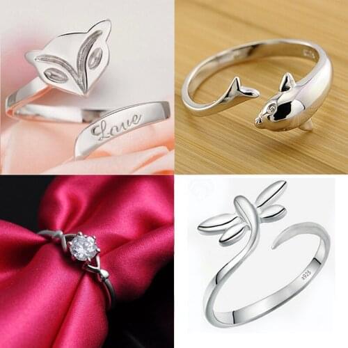 925 Sterling Silver Pin Dolphin Fox Dragonfly and Other Exquisite Rings with Adjustable Opening