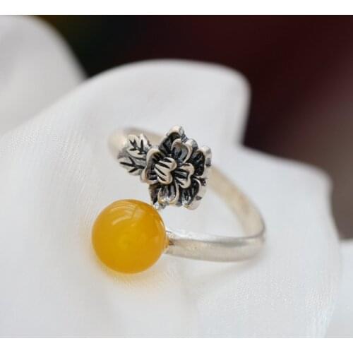 Authentic 990 Sterling Silver Rings Inlaid Natural Yellow Agate Lady Retro Charm Opening Adjustable Ring National Style Jewelry