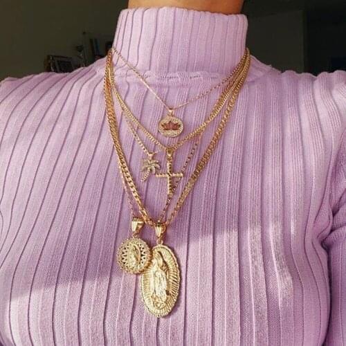 BUDROVKY Christ Cross Pendant Necklace Statement Virgin Mary Lotus Coin Religious Chain Necklace Women Jewelry Dropshipping