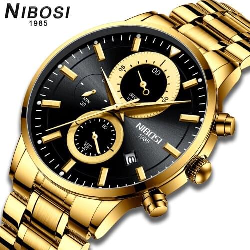 NIBOSI Classic Quartz Mens Watches Top Brand Luxury 3 Sub-dial 6 Hands Date Display Fashion Sports Chronograph Wristwatch Steel