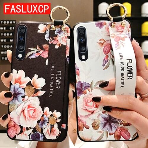 Luxury Flower Wrist Strap Case Cover for Samsung S10 S8 S9 S20 Plus S10 Lite Note 10 Plus 9 8 Funda 3D Emboss Matte Soft Shell